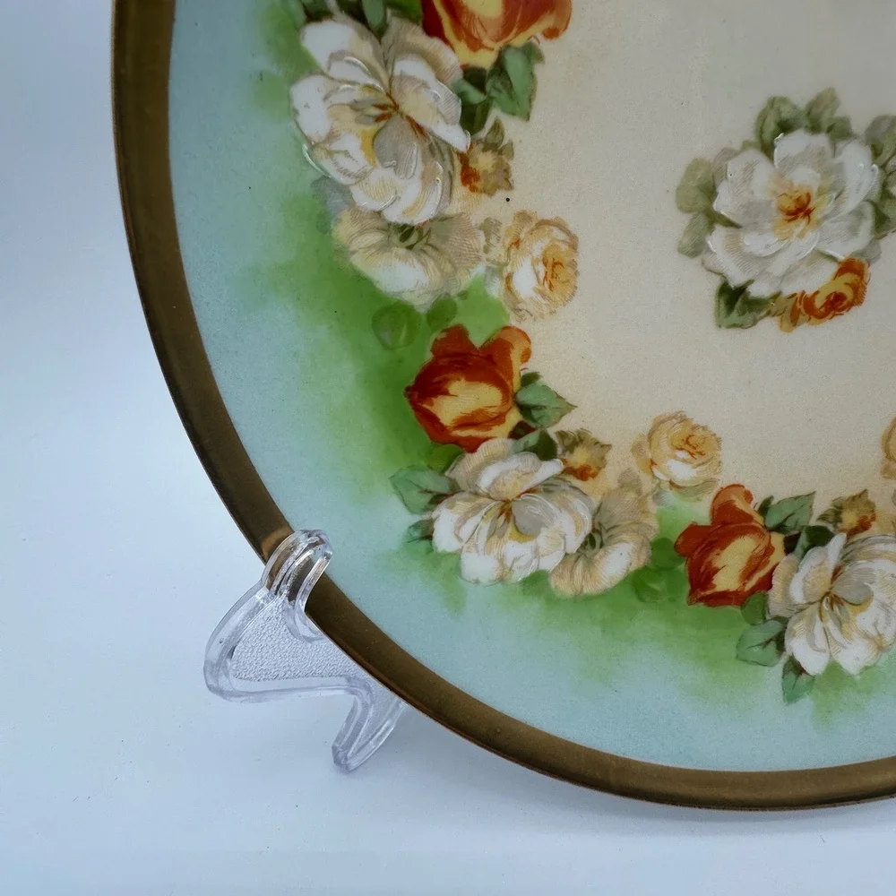 Limoges Coronet France Hand Painted Floral Roses Cabinet Plate Gold Gilt 8.5